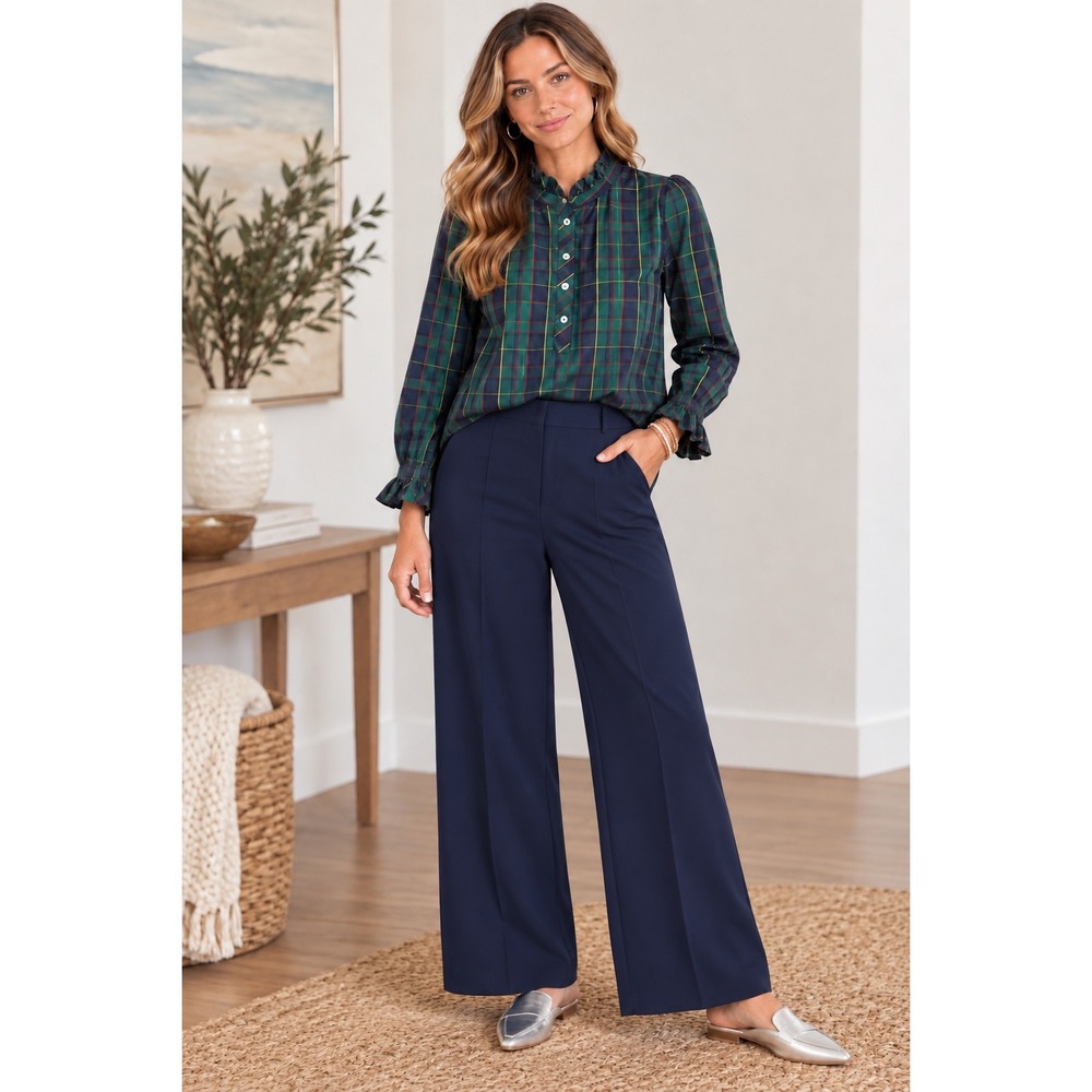 Foxcroft Plaid Ruffle Neck Blouse Green Navy Dark Academia Pockets L